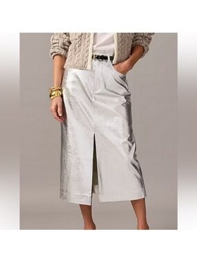 Sleek Silver Midi Pencil Skirt with Front Slit